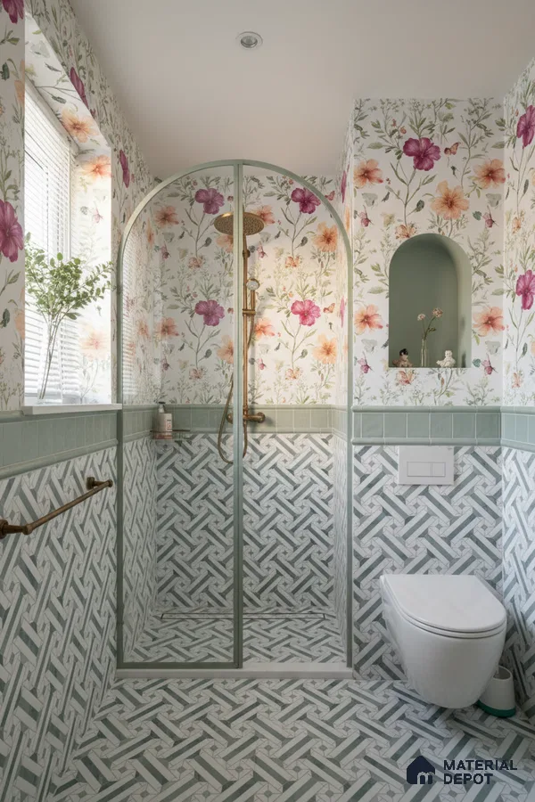 Eclectic bathroom with floral wallpaper, green geometric wall tiles, and patterned floor tiles in Bengaluru | Material Depot