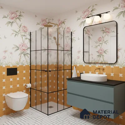 Eclectic bathroom with floral wallpaper, mustard patterned wall tiles, and white herringbone floor tiles in Bengaluru | Material Depot