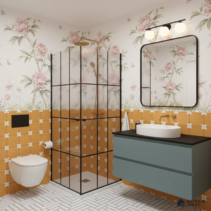 Eclectic bathroom with floral wallpaper, mustard patterned wall tiles, and white herringbone floor tiles in Bengaluru | Material Depot
