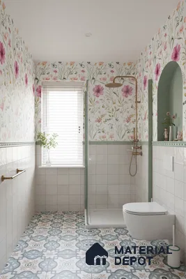 Eclectic bathroom with floral wallpaper, pastel geometric patterned floor tiles, and white wall tiles in Bengaluru | Material Depot