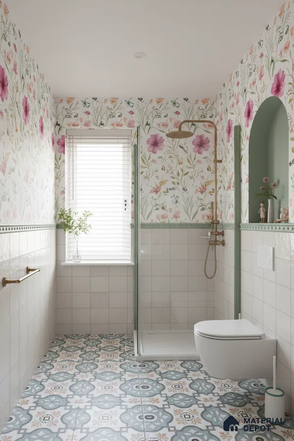 Eclectic bathroom with floral wallpaper, pastel geometric patterned floor tiles, and white wall tiles in Bengaluru | Material Depot