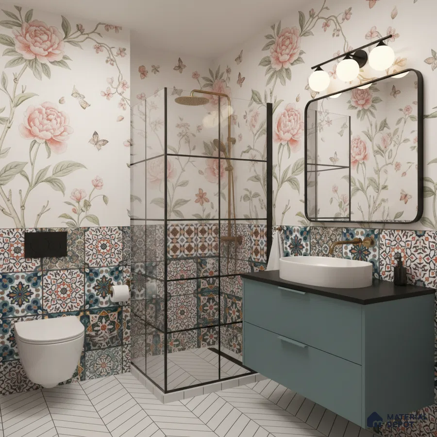 Eclectic bathroom with floral wallpaper, patterned moroccan wall tiles, and chevron white floor tiles in Bengaluru | Material Depot
