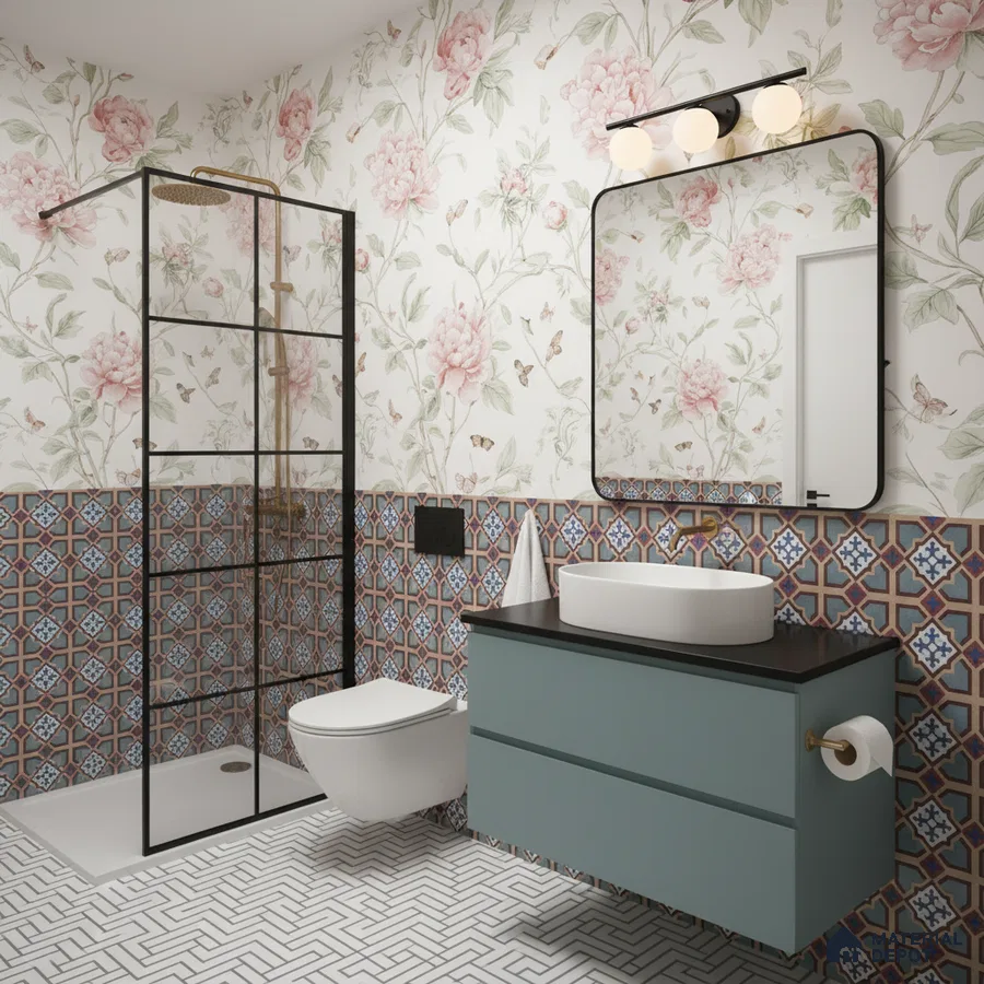 Eclectic bathroom with floral wallpaper, patterned moroccan wall tiles, and geometric white floor tiles in Bengaluru | Material Depot