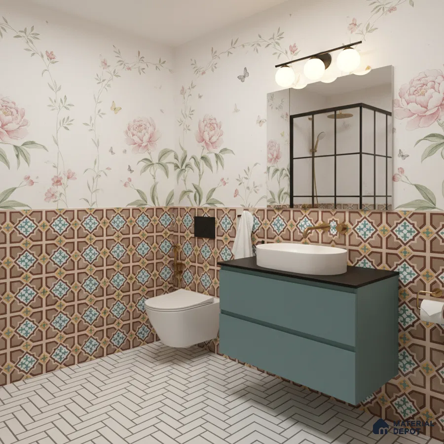 Eclectic bathroom with floral wallpaper, patterned moroccan wall tiles, teal vanity, and herringbone floor tiles in Bengaluru | Material Depot