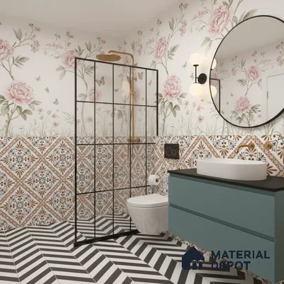 Eclectic bathroom with floral wallpaper, patterned wall tiles, and chevron black-and-white floor tiles in Bengaluru | Material Depot