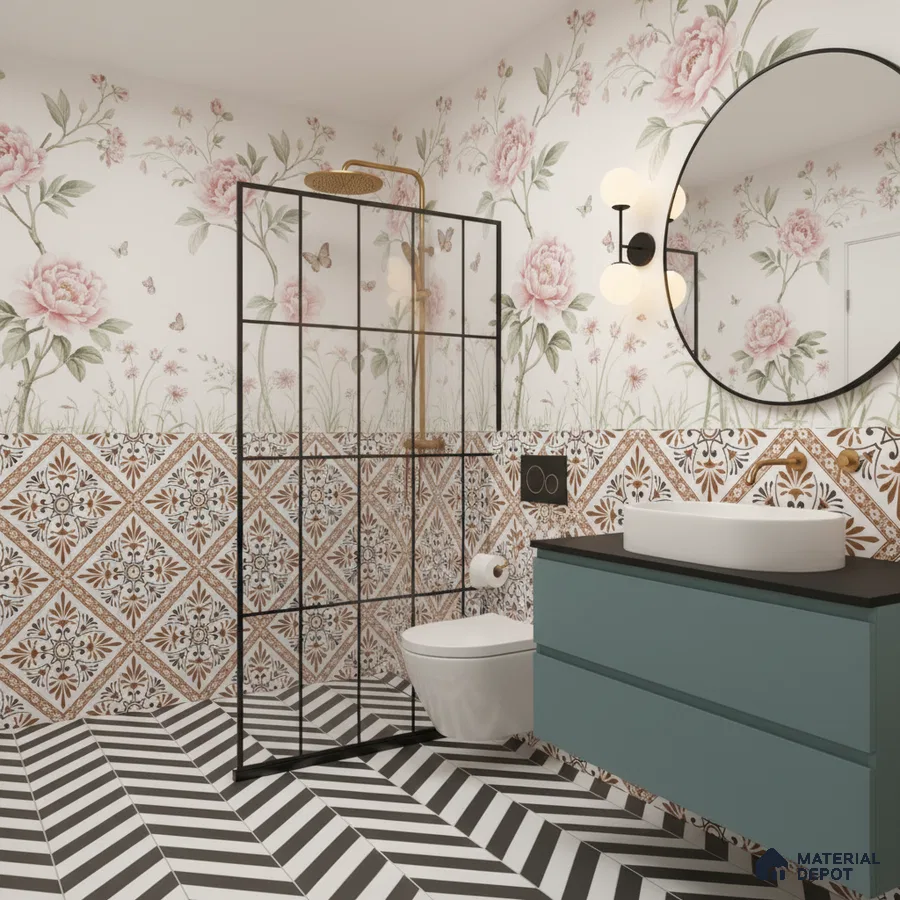 Eclectic bathroom with floral wallpaper, patterned wall tiles, and chevron black-and-white floor tiles in Bengaluru | Material Depot