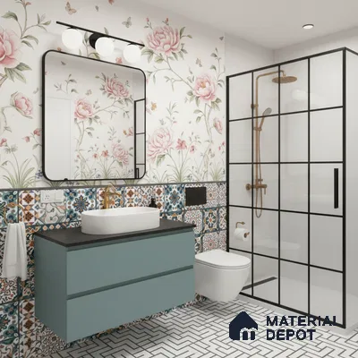 Eclectic bathroom with floral wallpaper, patterned wall tiles, and geometric black-and-white floor tiles in Bengaluru | Material Depot