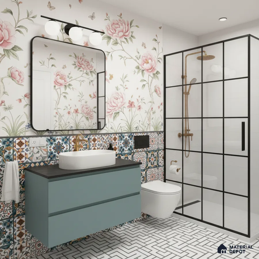 Eclectic bathroom with floral wallpaper, patterned wall tiles, and geometric black-and-white floor tiles in Bengaluru | Material Depot