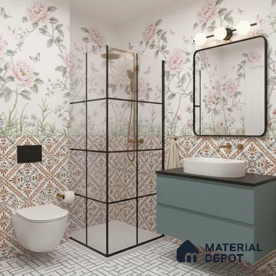 Eclectic bathroom with floral wallpaper, patterned wall tiles, and geometric white floor tiles in Bengaluru | Material Depot