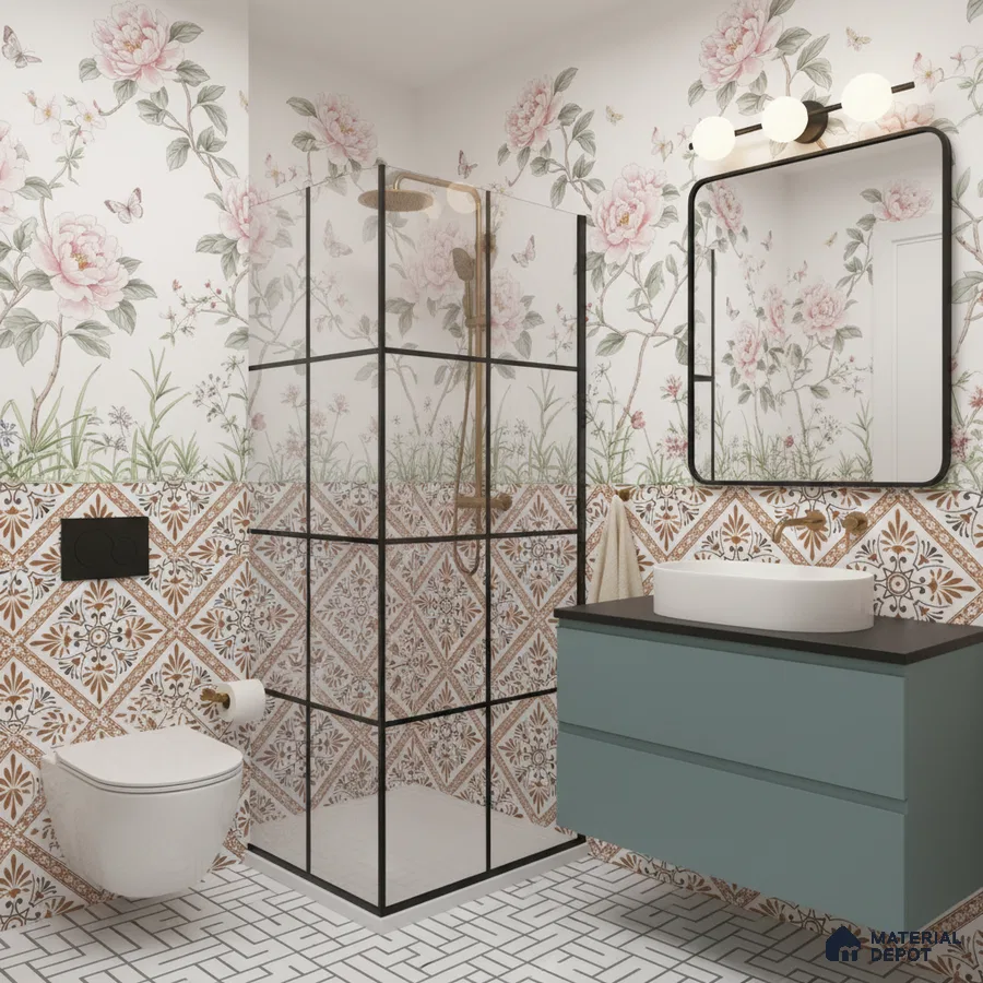 Eclectic bathroom with floral wallpaper, patterned wall tiles, and geometric white floor tiles in Bengaluru | Material Depot