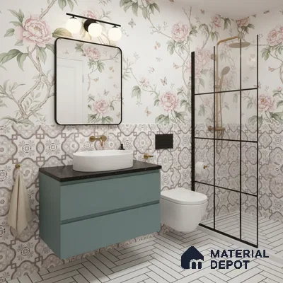 Eclectic bathroom with floral wallpaper, patterned wall tiles, and matte teal vanity in Bengaluru | Material Depot