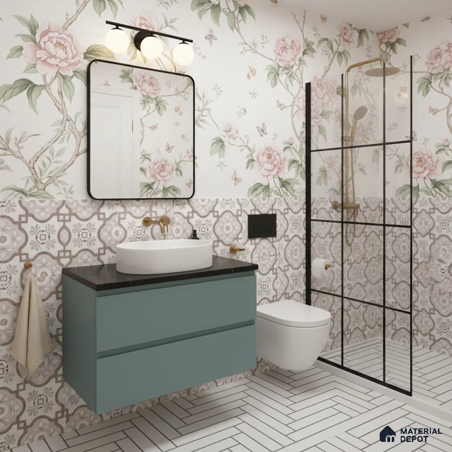 Eclectic bathroom with floral wallpaper, patterned wall tiles, and matte teal vanity in Bengaluru | Material Depot