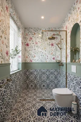 Eclectic bathroom with floral wallpaper, sage green wall tile, and black-and-white moroccan patterned floor and wall tiles in Bengaluru | Material Depot