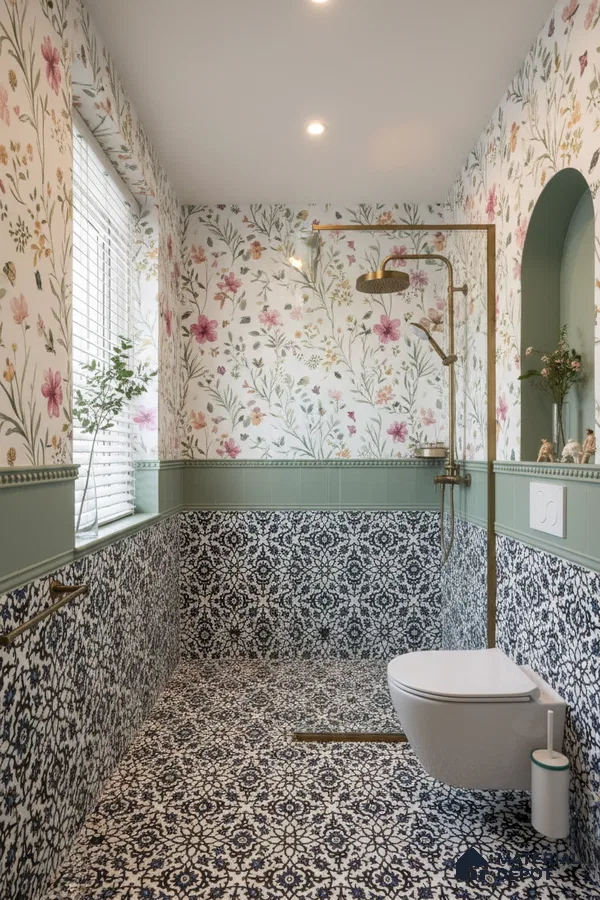 Eclectic bathroom with floral wallpaper, sage green wall tile, and black-and-white moroccan patterned floor and wall tiles in Bengaluru | Material Depot