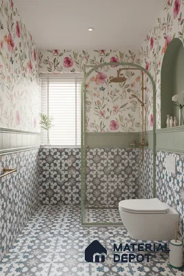 Eclectic bathroom with floral wallpaper, sage green wall tile, and blue-grey patterned moroccan floor and wall tiles in Bengaluru | Material Depot
