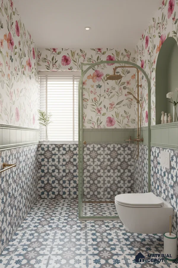 Eclectic bathroom with floral wallpaper, sage green wall tile, and blue-grey patterned moroccan floor and wall tiles in Bengaluru | Material Depot