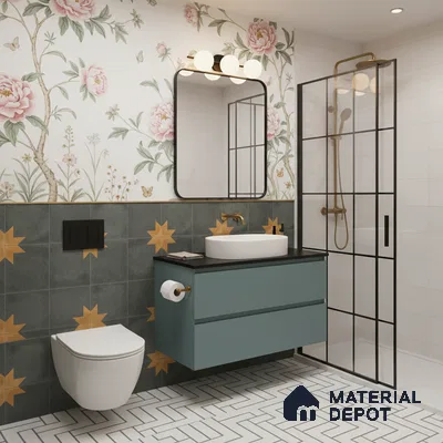 Eclectic bathroom with floral wallpaper, star patterned wall tiles, and herringbone floor tiles in Bengaluru | Material Depot