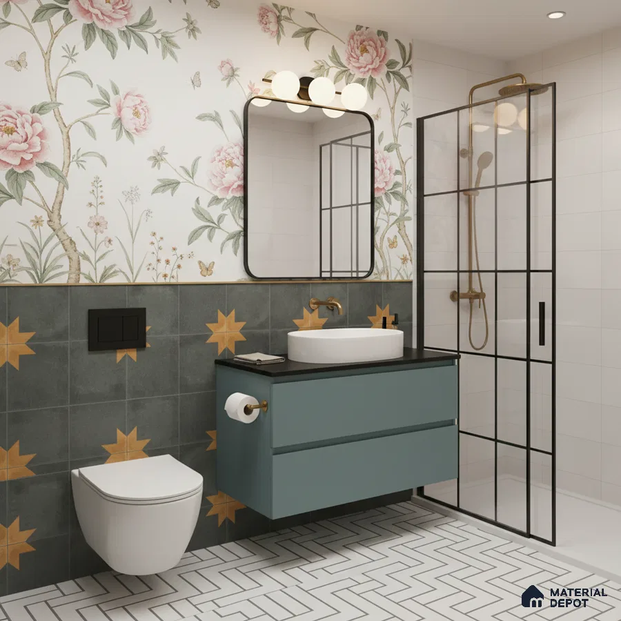 Eclectic bathroom with floral wallpaper, star patterned wall tiles, and herringbone floor tiles in Bengaluru | Material Depot