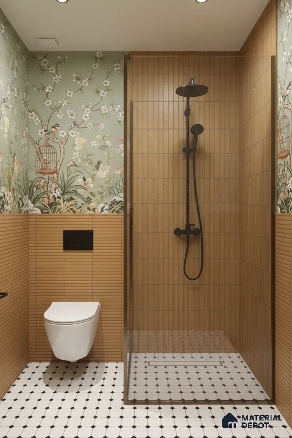 Eclectic bathroom with floral wallpaper, tan kitkat wall tiles, and black-and-white geometric floor tiles | Material Depot