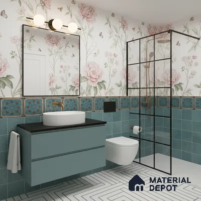 Eclectic bathroom with floral wallpaper, teal patterned wall tiles, and geometric white floor tiles in Bengaluru | Material Depot