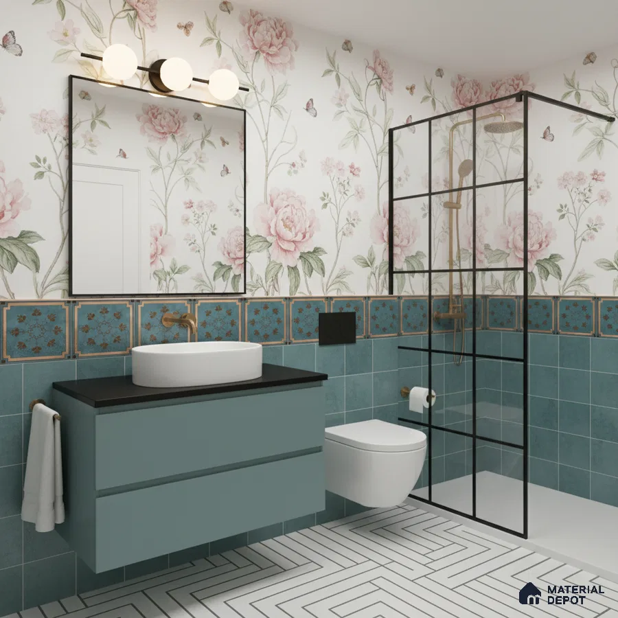 Eclectic bathroom with floral wallpaper, teal patterned wall tiles, and geometric white floor tiles in Bengaluru | Material Depot