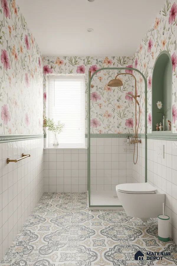 Eclectic bathroom with floral wallpaper, white grid wall tiles, and patterned moroccan floor tiles in Bengaluru | Material Depot