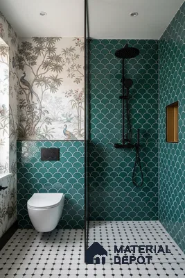 Eclectic bathroom with green fish scale wall tiles, chinoiserie wallpaper, and black-and-white geometric floor tiles | Material Depot