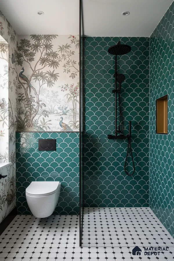 Eclectic bathroom with green fish scale wall tiles, chinoiserie wallpaper, and black-and-white geometric floor tiles | Material Depot