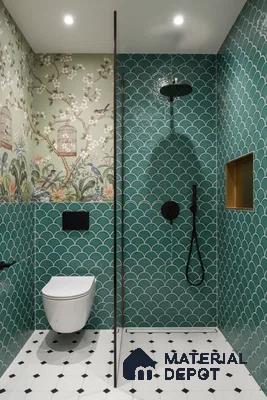 Eclectic bathroom with green fish scale wall tiles, floral chinoiserie wallpaper, and black-and-white geometric floor tiles | Material Depot