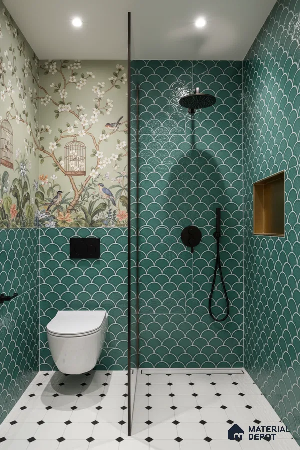 Eclectic bathroom with green fish scale wall tiles, floral chinoiserie wallpaper, and black-and-white geometric floor tiles | Material Depot