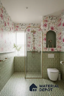 Eclectic bathroom with green geometric wall and floor tiles and floral patterned wallpaper in Bengaluru | Material Depot