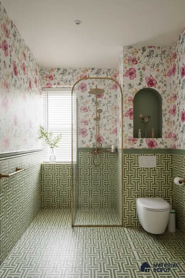Eclectic bathroom with green geometric wall and floor tiles and floral patterned wallpaper in Bengaluru | Material Depot
