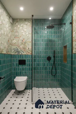 Eclectic bathroom with green geometric wall tiles, floral chinoiserie wallpaper, and black-and-white geometric floor tiles | Material Depot
