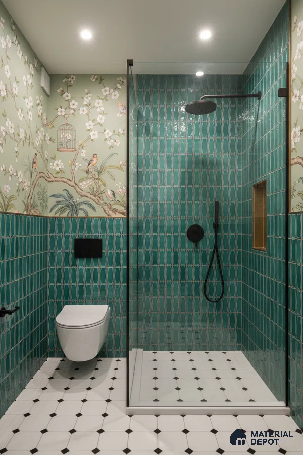 Eclectic bathroom with green geometric wall tiles, floral chinoiserie wallpaper, and black-and-white geometric floor tiles | Material Depot