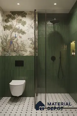 Eclectic bathroom with green kitkat wall tiles, chinoiserie wallpaper, and black-and-white geometric floor tiles | Material Depot