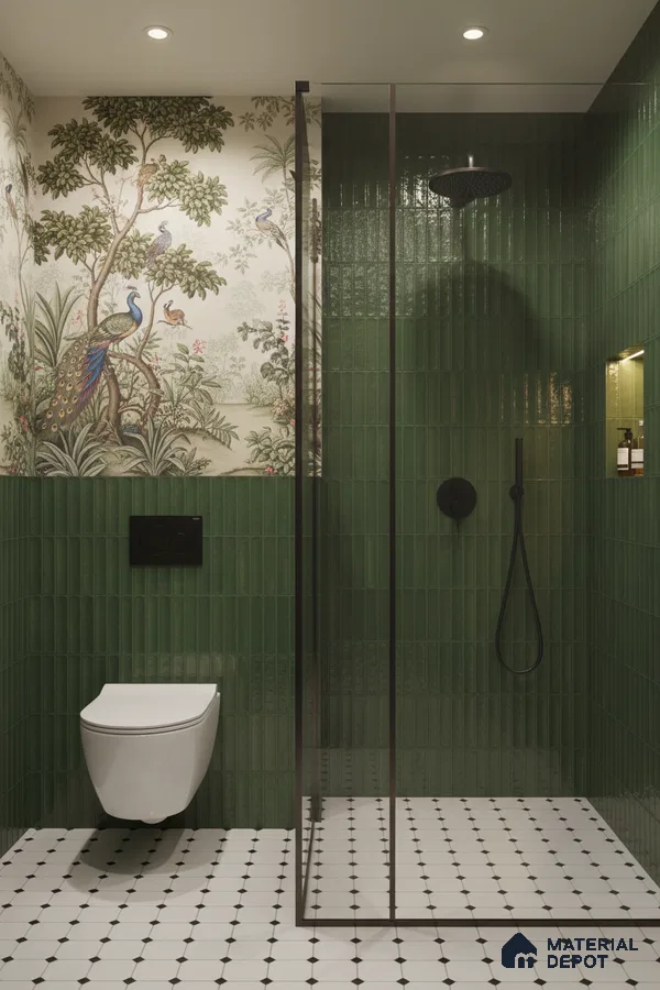 Eclectic bathroom with green kitkat wall tiles, chinoiserie wallpaper, and black-and-white geometric floor tiles | Material Depot