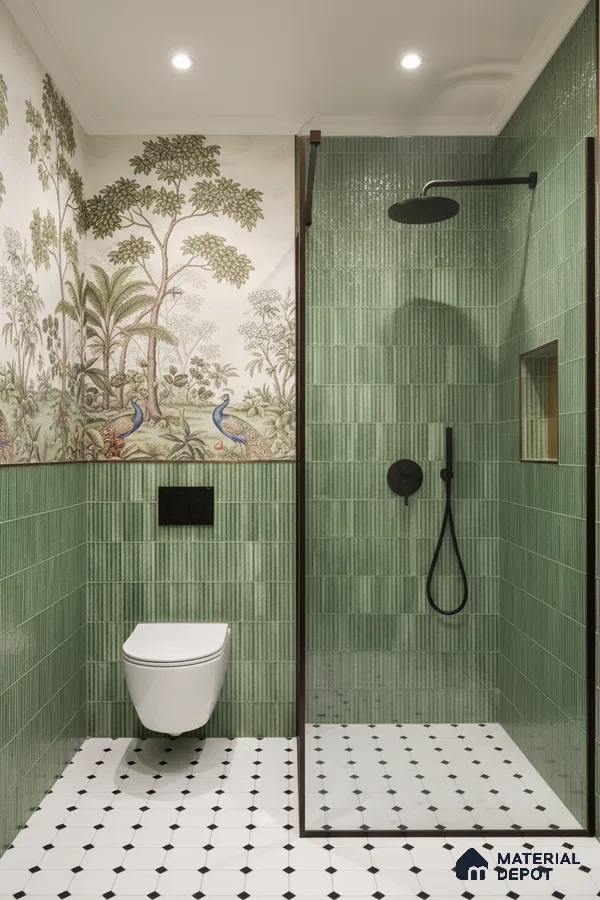 Eclectic bathroom with green kitkat wall tiles, tropical wallpaper, and black-and-white geometric floor tiles | Material Depot