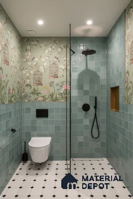 Eclectic bathroom with green square wall tiles, chinoiserie floral wallpaper, and black-and-white geometric floor tiles | Material Depot