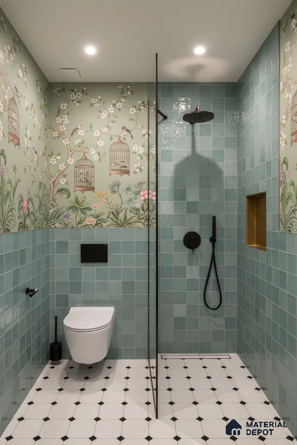 Eclectic bathroom with green square wall tiles, chinoiserie floral wallpaper, and black-and-white geometric floor tiles | Material Depot
