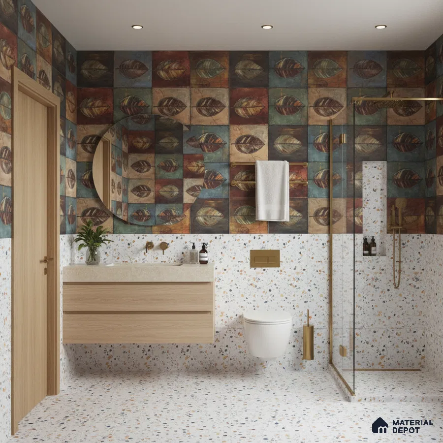 Eclectic bathroom design with leaf-patterned highlighter wall tiles and terrazzo floor and wall tiles in Bengaluru | Material Depot