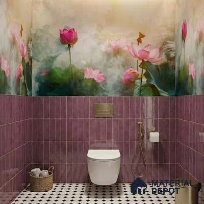 Eclectic bathroom with mauve vertical subway wall tiles, floral wallpaper, and black-and-white geometric floor tiles