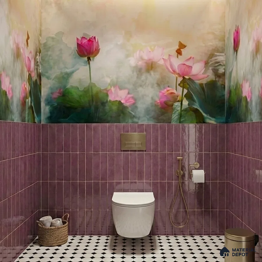 Eclectic bathroom with mauve vertical subway wall tiles, floral wallpaper, and black-and-white geometric floor tiles