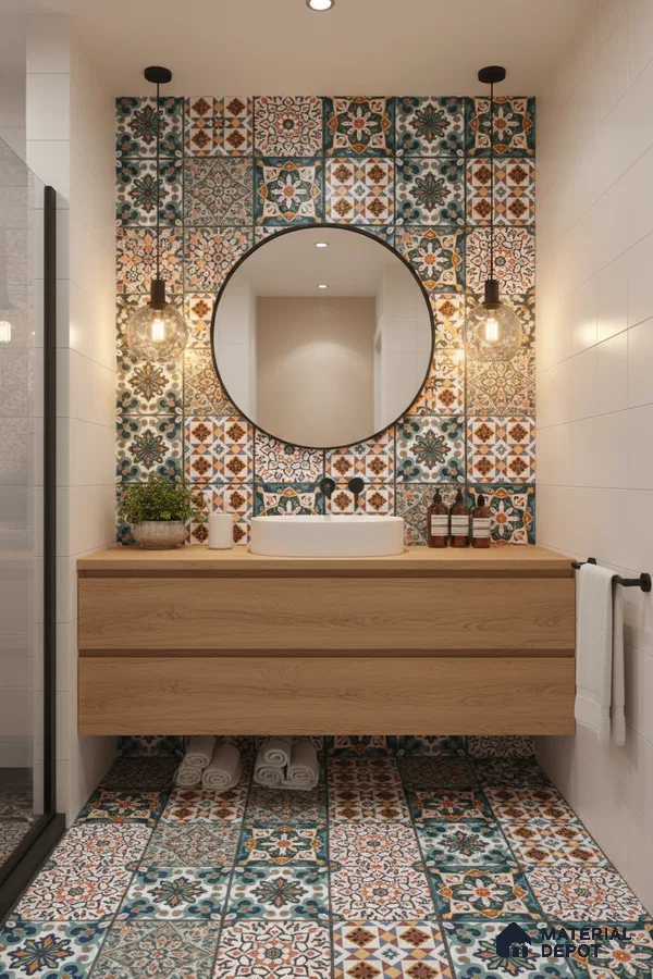 Eclectic bathroom with multicolor Moroccan patterned tiles and natural wood vanity in Bengaluru | Material Depot