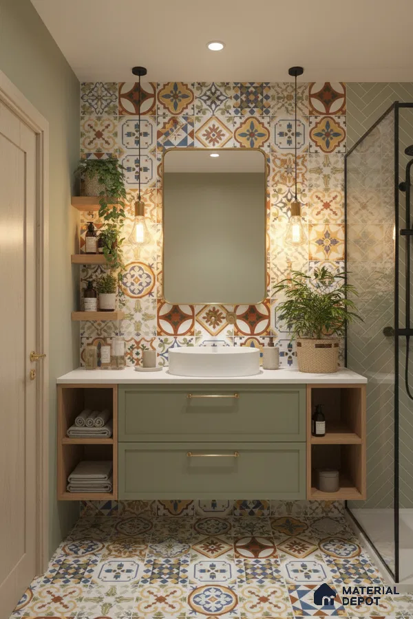 Eclectic bathroom with multicolor moroccan patterned tiles and sage green vanity in Bengaluru | Material Depot