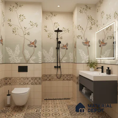 Eclectic bathroom with nature-inspired patterned tiles and chinoiserie wallpaper in Bengaluru | Material Depot