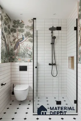 Eclectic bathroom with nature-themed wallpaper, white subway wall tiles, and black-and-white geometric floor tiles | Material Depot