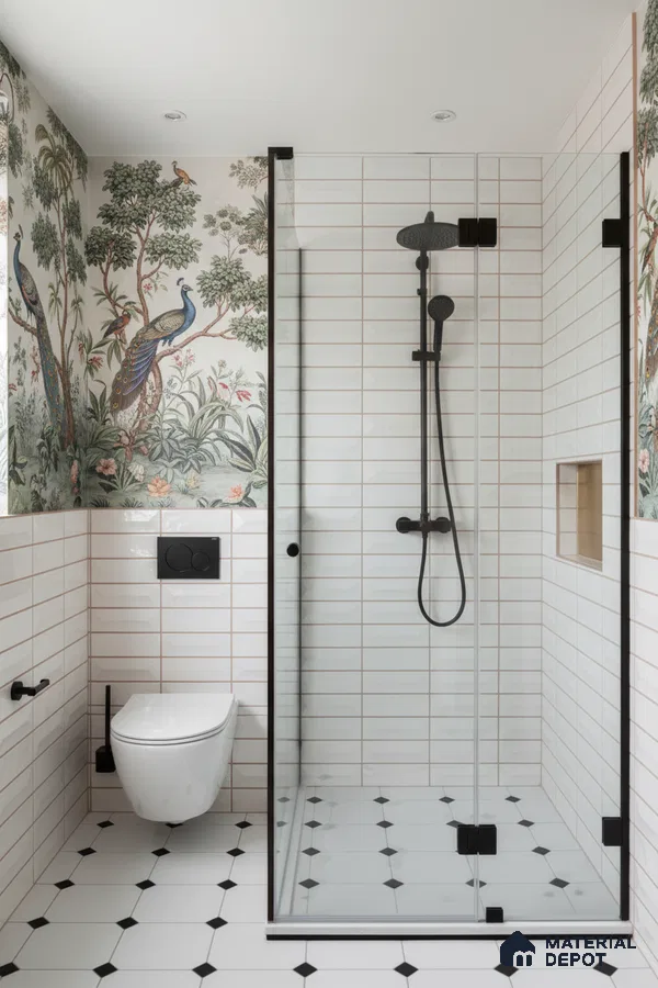 Eclectic bathroom with nature-themed wallpaper, white subway wall tiles, and black-and-white geometric floor tiles | Material Depot