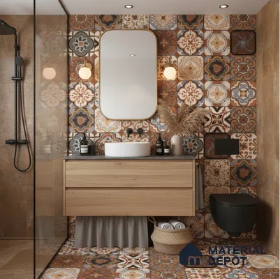 Eclectic bathroom with patterned moroccan tiles, matte brown wall tiles, and wood vanity in Bengaluru | Material Depot