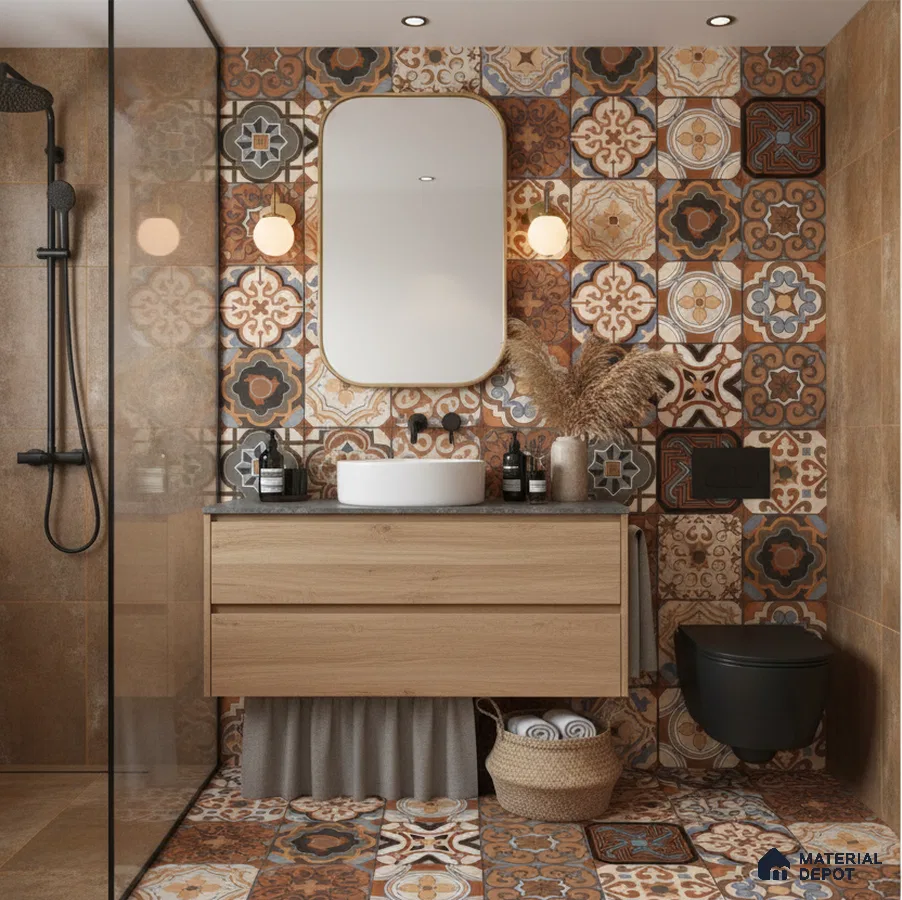Eclectic bathroom with patterned moroccan tiles, matte brown wall tiles, and wood vanity in Bengaluru | Material Depot