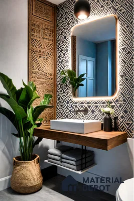 Eclectic Bathroom with Patterned Tiles and Carved Wood Accents | Material Depot